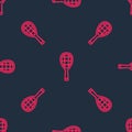 Red line Tennis racket icon isolated seamless pattern on black background. Sport equipment. Vector Royalty Free Stock Photo