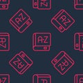 Red line Translator book icon isolated seamless pattern on black background. Foreign language conversation icons in chat Royalty Free Stock Photo
