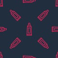 Red line Tube with paint palette icon isolated seamless pattern on black background. Vector