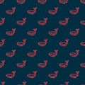 Red line Whale icon isolated seamless pattern on black background. Vector Royalty Free Stock Photo