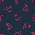 Red line Whale icon isolated seamless pattern on black background. Vector Royalty Free Stock Photo