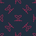 Red line Whale tail in ocean wave icon isolated seamless pattern on black background. Vector Royalty Free Stock Photo