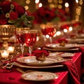 Red linens, elegant dinnerware, and romantic candlelight