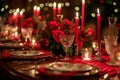 Red linens, elegant dinnerware, and romantic candlelight