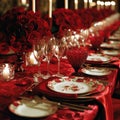 Red linens, elegant dinnerware, and romantic candlelight