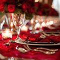 Red linens, elegant dinnerware, and romantic candlelight