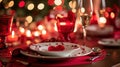 Red linens, elegant dinnerware, and romantic candlelight