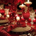 Red linens, elegant dinnerware, and romantic candlelight