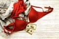 Red lingerie, jeans and money scattered on the floor. Love for money, prostitution concept Royalty Free Stock Photo