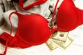 Red lingerie, jeans and money scattered on the floor. Love for money, prostitution concept Royalty Free Stock Photo