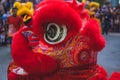 red lion dance head close up side view