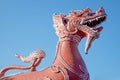 The red lion sculpture in the Buddhist temple in Thailand. Royalty Free Stock Photo