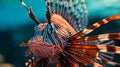 Red Lionfish close-up on a beautiful blue ocean floor