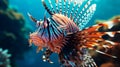 Red Lionfish close-up on a beautiful blue ocean floor