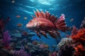 Red Lionfish Pterois volitans swimming in the sea. Hyper realistic illustration Royalty Free Stock Photo