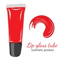 Red lip gloss tube isolated on white. Makeup cosmetic product