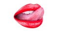 Red lip, lipstick and lipgloss. Tongue and mouth. Isolated lip, female lips. lips, tongue out. Beautiful