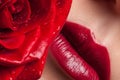 Red lips on a background of lush roses. Lips and flower close-up. Royalty Free Stock Photo