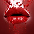 Red Lips background with red paint splash. Woman\'s open mouth with red lipstick on red and white background. Art design