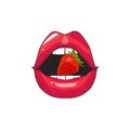 Red lips biting retro icon isolated on white background. Royalty Free Stock Photo