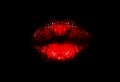 Red lips on black background. Lipstick gloss concept. Woman cosmetics.