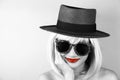 Red lips in black and white, Glamor stylish beautiful young woman. Royalty Free Stock Photo