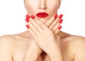 Red lips and bright manicured nails. open mouth. Beautiful manicure and makeup. Celebrate make up and clean skin Royalty Free Stock Photo