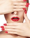 Red lips and bright manicured nails. open mouth. Beautiful manicure and makeup. Celebrate make up and clean skin Royalty Free Stock Photo