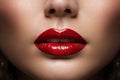 Red Lips Close up. Woman Beauty Face Make up. Glossy Shiny Lipstick Cosmetic. Model with Plump Lips Sexy Mouth