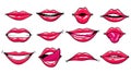 Red lips female collection. Woman expressed differernt emotion set. Biting, smile, kiss, beauty concept. Modern pop art