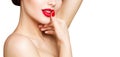 Red Lips and Nails, Woman Beauty Make Up, Red Lipstick and Polish, Beautiful Girl Face Makeup Royalty Free Stock Photo