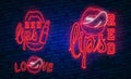 Red Lips neon sign, Set fashion neon sign. bright signboard, light banner. Vector icons