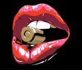 Red lips. Red lips with bullet. Red lips on black. biting red lips. Abstract lipstick in the open mouth with gold metal bull