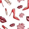 Red lips , red women high heel shoes painted in watercolor and red lipstick . Royalty Free Stock Photo