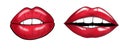 Red lips set. Female mouth, sexy smile with white teeth. Illustration of glamor, lipstick, emotions, comics concept