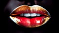 Red lips with shiny golden lipstick close up