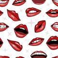 Red lips, smile and mouth with teeth in tattoo style