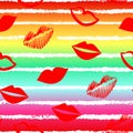 Red lips and white lines on rainbow background. Color ornament for textile and wrapping