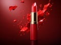 Red lipstick on red background with liquid splash advertising illustration. Opened red lipstick tube on dark red background with