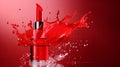 Red lipstick on red background with liquid splash advertising illustration. Opened red lipstick tube on dark red background with