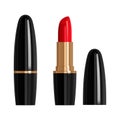 Red lipstick in a black tube with gold trim, open and closed