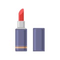 Red lipstick in blue container with open lid vector flat illustration moisturizing lip gloss product