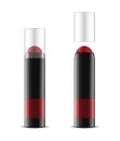 Red lipstick or blusher in black tube with clear cap, realistic vector illustration. Open and closed lip or cheek rouge