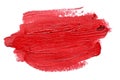 Red lipstick brush strokes isolated on white background. Bright color makeup smear smudge swatch