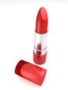 Red lipstick cosmetic product on white background