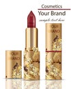 Red Lipstick cosmetics realistic Mock up Vector. Matt lipgloss with ornament decor, golden packaging original design. Gold colors