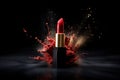 Red lipstick exploding. Dark background. Beautiful illustration picture. Generative AI