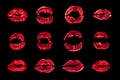 Red lipstick kiss print set black background isolated close up, neon light sexy lips mark makeup collection, pink female kisses