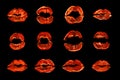 Red lipstick kiss print set black background isolated close up, orange sexy lips mark makeup collection, neon light female kisses Royalty Free Stock Photo