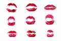 Red lipstick kiss print set on white background isolated closeup, sexy burgundy lips make up stamp collection, kiss imprint